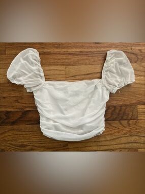 Princess Polly Blouse Womens 4 Off White Puff Shoulder Ruched Crop Square Neck